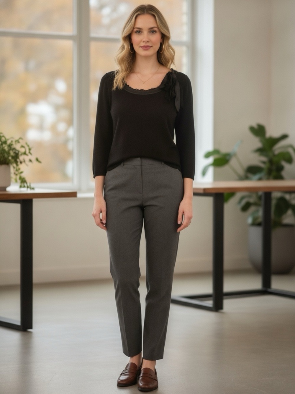 Banana Republic 80% Silk / Angora Black Scoop-Neck Sweater with Shoulder Bow